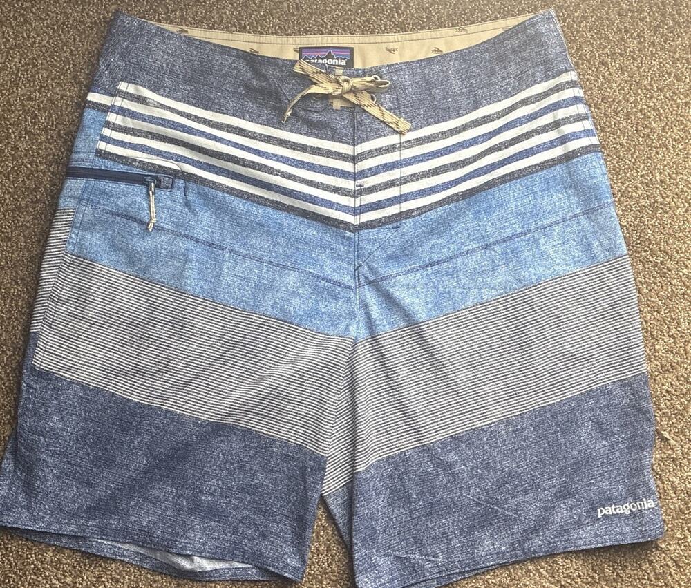 Patagonia Men's Board Shorts Sz 34 Blue White Swim Trunks Drawstring